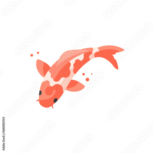 Illustration of a vibrant orange and white koi fish swimming, with small bubbles around it, on a white background.