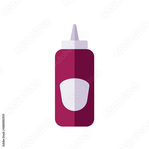 A stylized illustration of a bottle of dark red condiment, likely ketchup or a similar sauce.