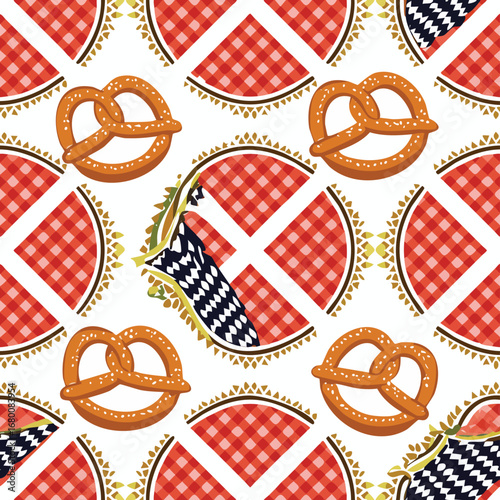Red checkered picnic pattern with pretzels and Danish flag elements food snack