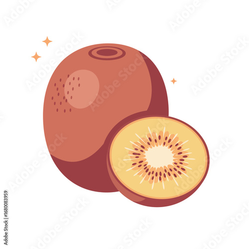 A golden kiwi fruit, whole and sliced, with a detailed illustration and sparkles.