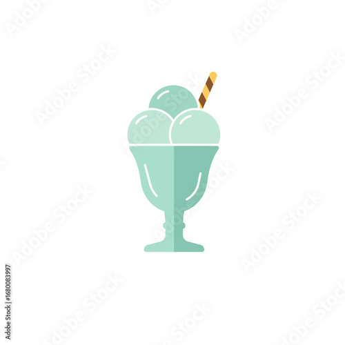 A vector illustration of an ice cream sundae in a decorative glass, with a wafer stick.