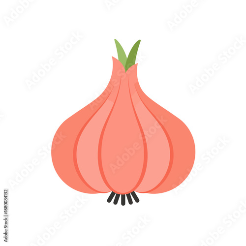 Flat vector illustration of a red onion with green sprouts, isolated on a white background.