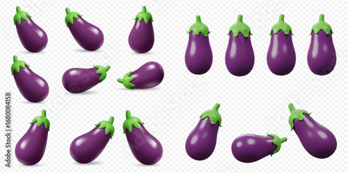 A collection of vibrant 3D rendered purple eggplants with green caps, presented in various orientations on a transparent background.