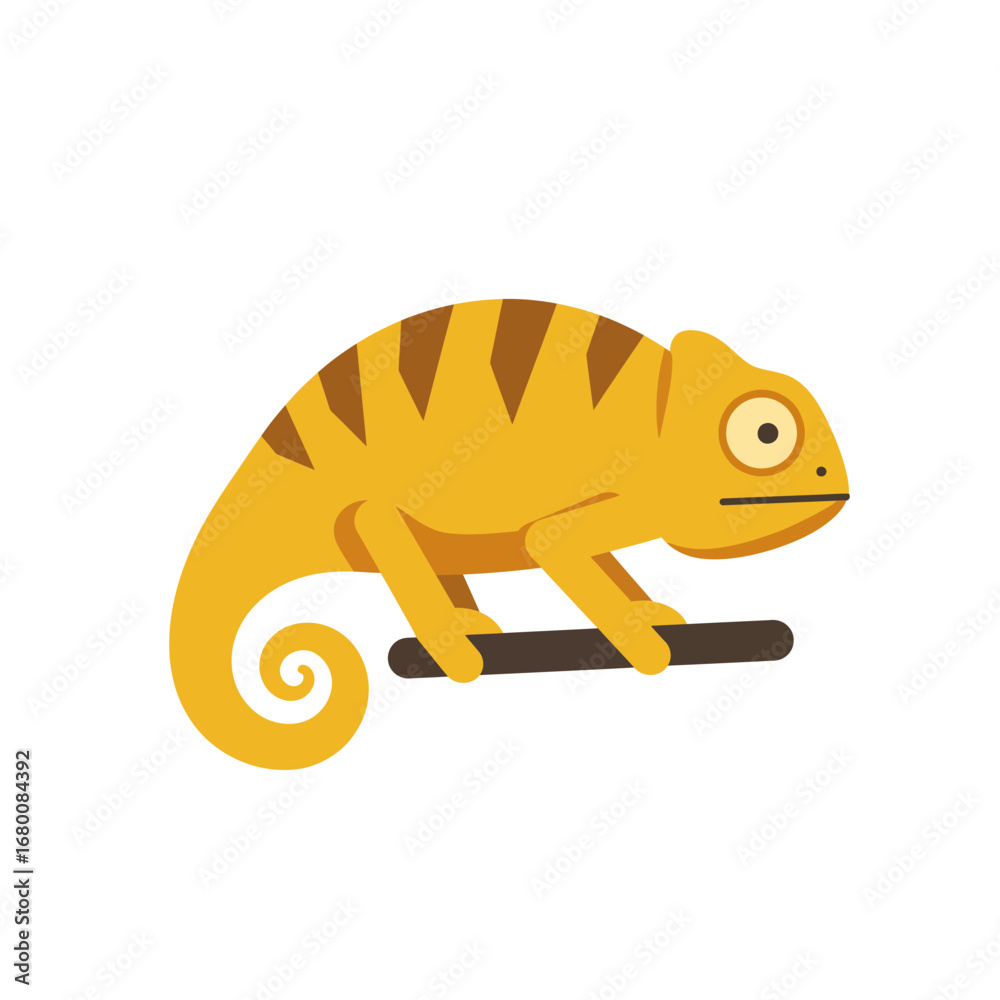 Fototapeta premium A yellow chameleon with brown stripes clinging to a brown branch against a white background.