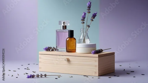 Obraz Minimalist Beauty Product Display with Wooden Box, Perfume, and Dried Lavender