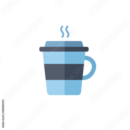 A steaming cup of coffee in a disposable paper cup with a dark band.