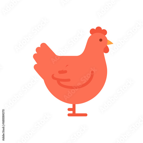 A simplified illustration of a coral-colored hen, standing in profile view.