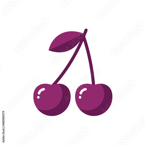 A stylized illustration of two ripe cherries connected by stems and a single leaf.