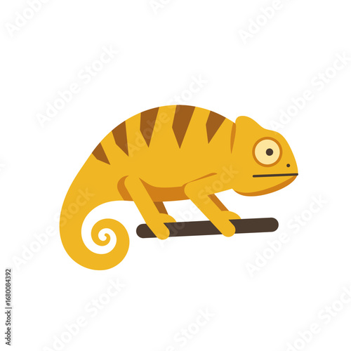 A yellow chameleon with brown stripes clinging to a brown branch against a white background.