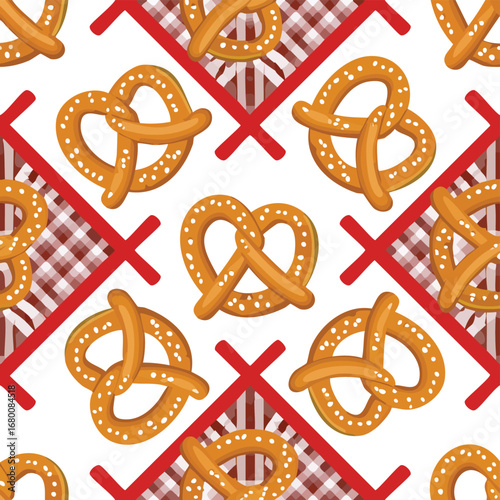 Seamless pattern of pretzels on red and white checkered background with red crosses