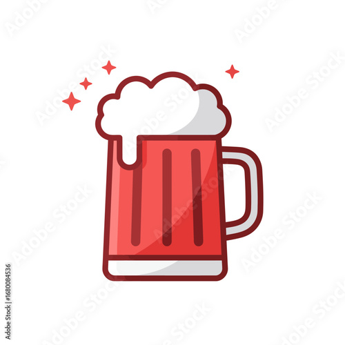 Cartoon illustration of a red beer mug filled with frothy white foam, with sparkling accents.