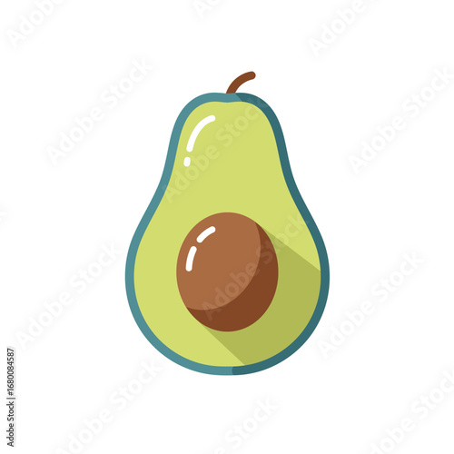 A halved avocado illustration, showcasing its creamy flesh and large pit, presented in a simple, flat design style.