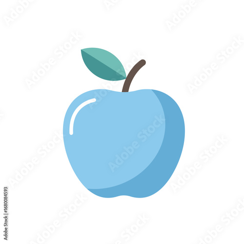 A stylized, cartoon-like blue apple with a green leaf and brown stem, isolated on white.