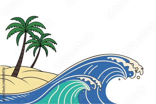 Tropical island paradise with palm trees and a crashing ocean wave, evoking a sense of beach vacation and seaside relaxation
