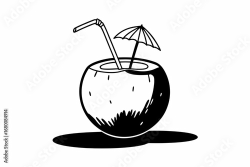 Tropical Refreshment A Coconut Cocktail with Umbrella and Straw Illustration