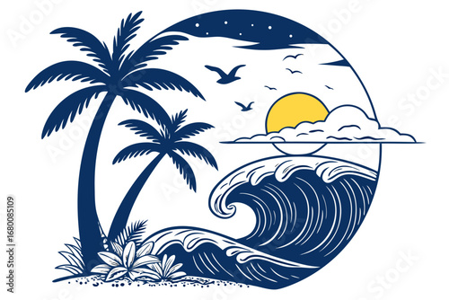 Tranquil Beach Sunset Palm Trees, Ocean Waves, and Serene Evening Sky
