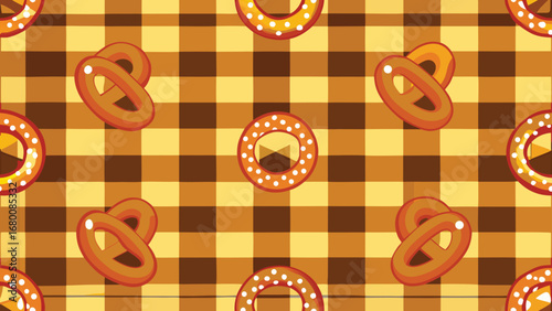 Seamless pattern of cartoon pretzels on a brown and yellow checkered background food