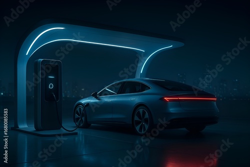 Futuristic electric car charging at modern station with glowing blue lights, sleek architecture, and city skyline at night showcasing innovation and sustainability