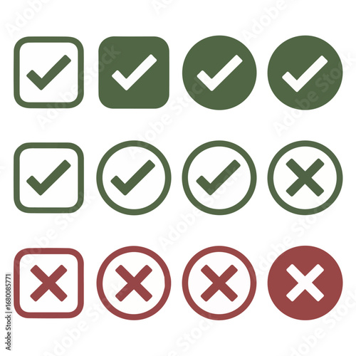 Checkmark and cross mark icons vector set for true or false right or wrong approval and rejection design 100