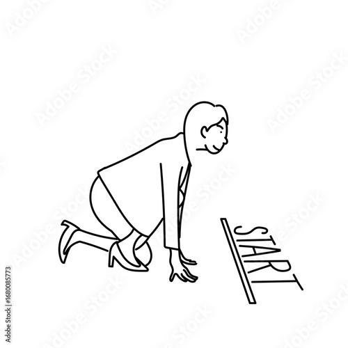 スタートラインで走り出す準備をする女性ビジネスパーソンの線画イラストとSTART文字｜キャリア,挑戦,目標,競争,成功,仕事,会社員,モチベーション