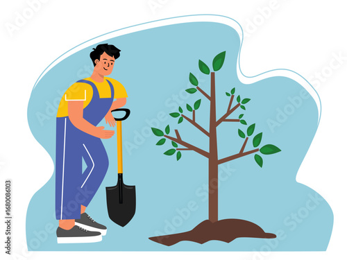 Man planting a tree and fertilising the soil. Gardening illustration. Flat vector illustration concept.