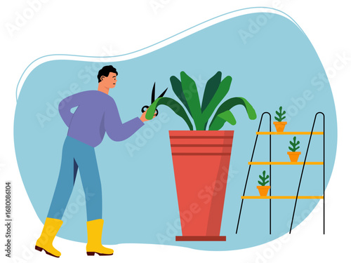 Man cutting and grafting a large green plant. Gardening illustration. Flat vector illustration concept.