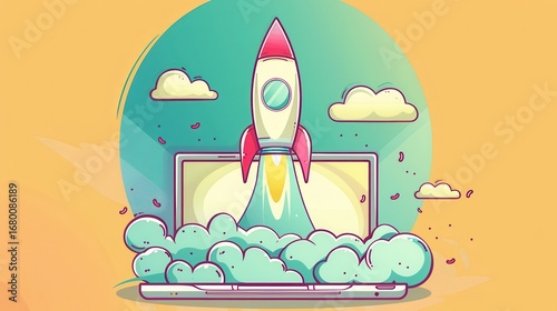 Colorful rocket launch from computer screen with vibrant clouds