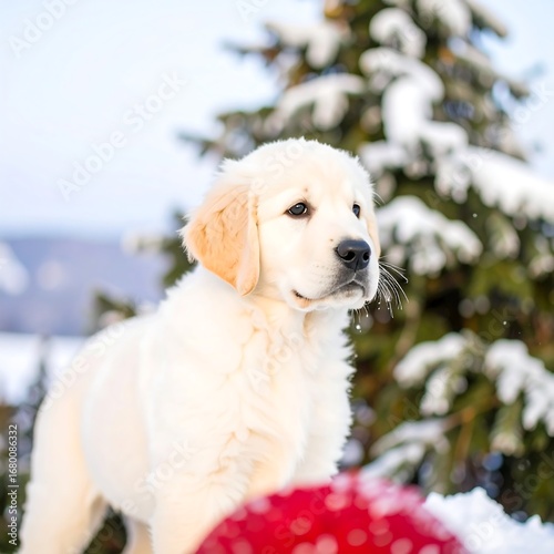 Golden Retriever puppy in snowy landscape
