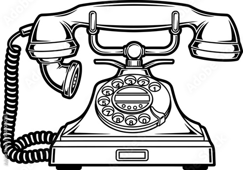 Vintage Rotary Dial Telephone Illustration, Black and White Line Art