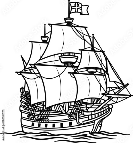 Vintage Black and White Sailing Ship Illustration