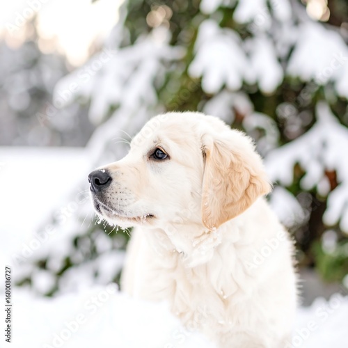 Golden Retriever puppy in snowy landscape