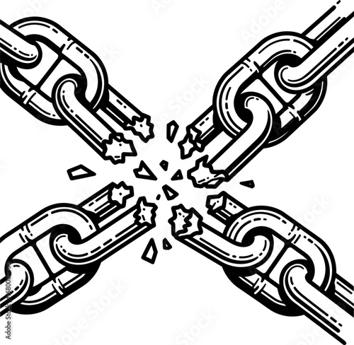 Broken Chain Links, Shattered Metal, Black and White Illustration
