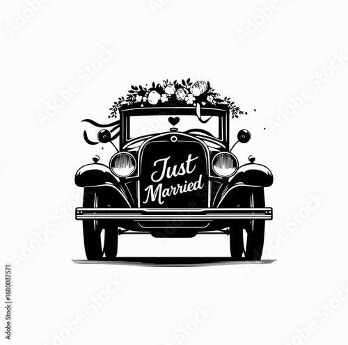Wedding Car Silhouette – Classic Just Married Vehicle with Floral Decoration