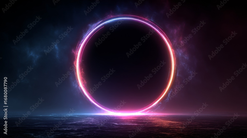 Fototapeta premium Pulsating magenta ring light glowing on deep dark purple background, creating a futuristic, vibrant, neon-style abstract concept with glowing energy and dynamic visual impact