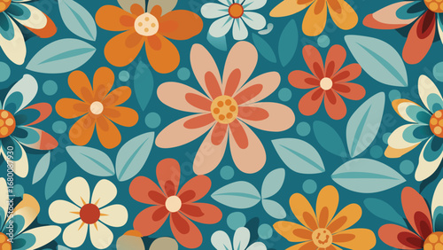 Retro floral pattern with orange peach blue and cream flowers vintage