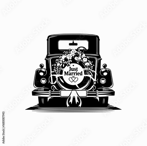Wedding Car Silhouette – Classic Just Married Vehicle with Floral Decoration