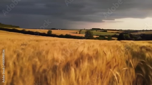 Golden Wheat Field Under Dramatic Sky Before The Storm