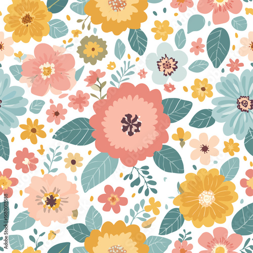 Seamless floral pattern with coral pink yellow and blue flowers seamless pattern botanical
