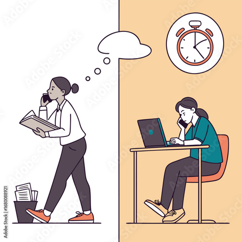 Vector illustration of Two women working on phones, one walking, one at a desk with a clock