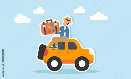 Man with hat carrying travel suitcase sitting on yellow car illustration for appreciation of World Tourism Day celebration