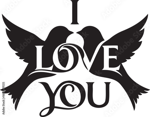 Elegant Affection: Two graceful birds intertwined with the loving phrase I LOVE YOU, a captivating vector design, expressing the depth of affection through symbolic art.