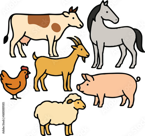 Cute Farm Animals Collection - Cartoon Illustration of Cow, Horse, Goat, Chicken, Pig, and Sheep