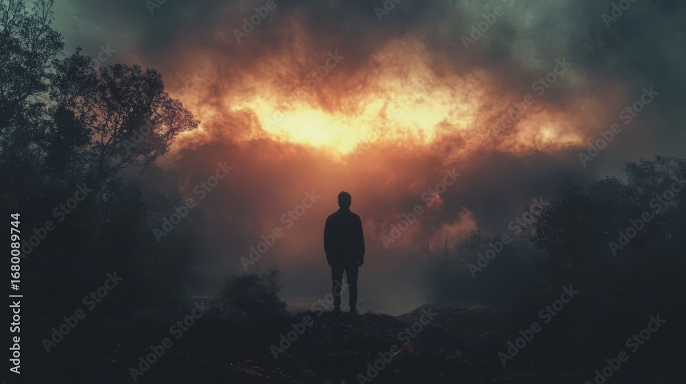 Fototapeta premium Silhouette of a person standing on a hilltop, with dramatic clouds and an apocalyptic sky.