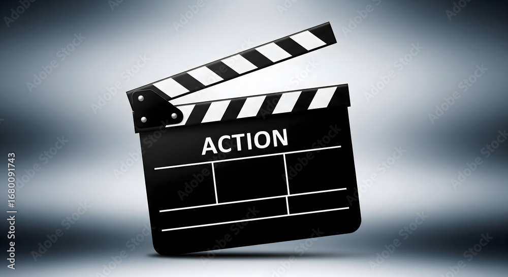 Obraz premium Black film clapperboard with word action isolated on gradient background, cinema movie production tool symbolizing filmmaking, creativity, entertainment industry, and video direction