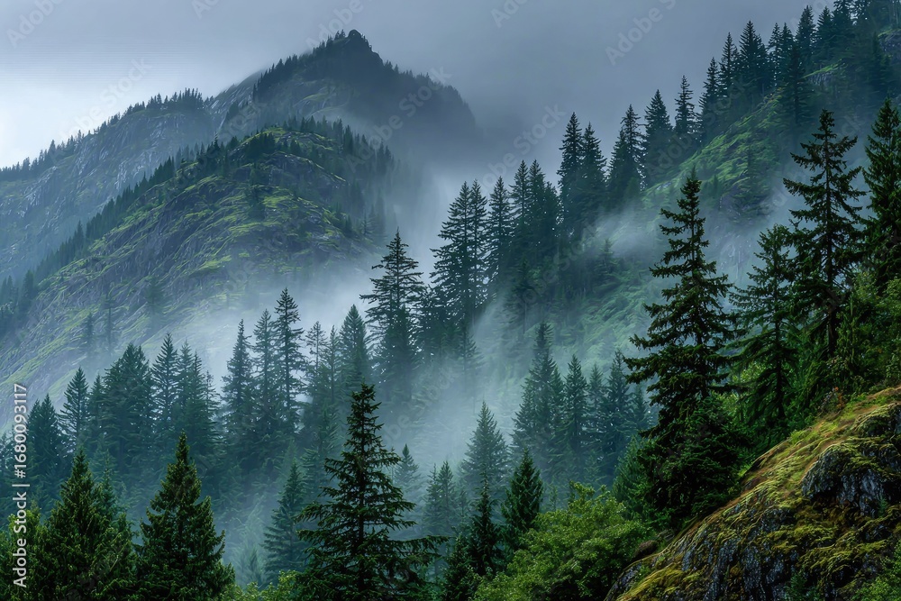 Obraz premium Misty mountain landscape with evergreen trees