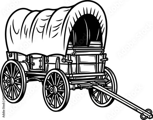 Black and White Covered Wagon Illustration on White Background