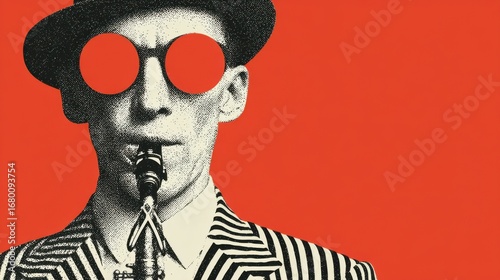 Modern Pop Art Collage with Retro Musicians and Red Glasses