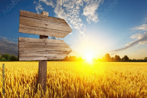 Rustic wooden signpost in a golden wheat field at sunset (1)