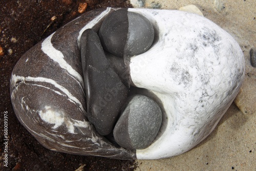 A smoothed, bi-colored stone resembles a face
