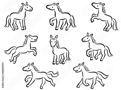 手描き風の馬の線画イラストセット
